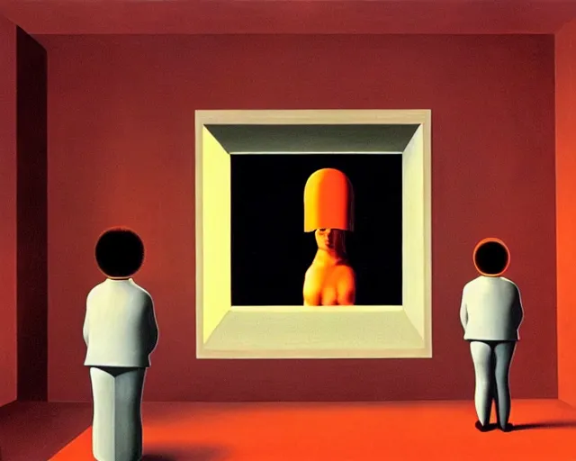 Image similar to a Magritte painting of 2001 a Space Odyssey by Stanley Kubrick
