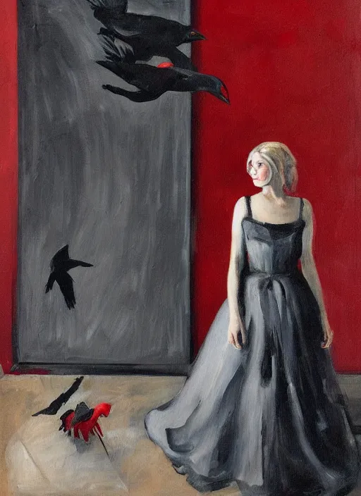 Prompt: a painting of AnnaSophia Robb, frozen cold stare, blood red background and transparent gray dress, crows as a symbol of death, in style of Chaim Soutine and Edward Hopper