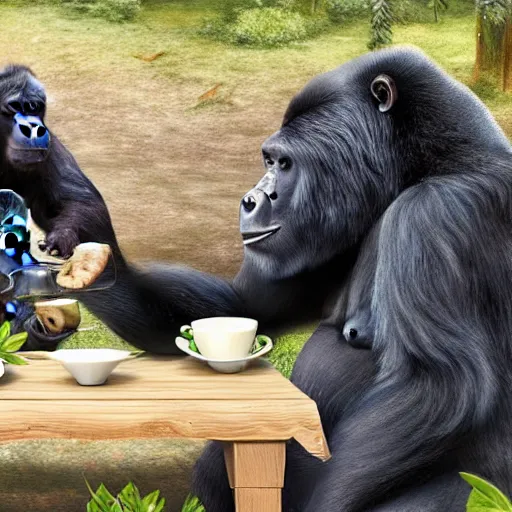 Image similar to bear and gorilla having a tea party in the middle of the woods, hyper realistic, 4 k, hd, highly detailed