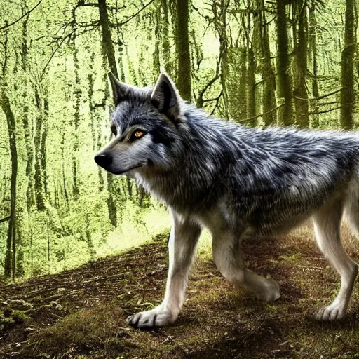 Image similar to were - creature consisting of a wolf and a human, photograph captured in a forest