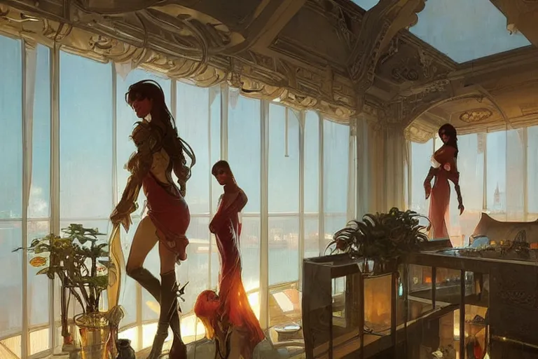 Prompt: penthouse, artstation, concept art, smooth, sharp focus, illustration, art by and greg rutkowski and alphonse mucha