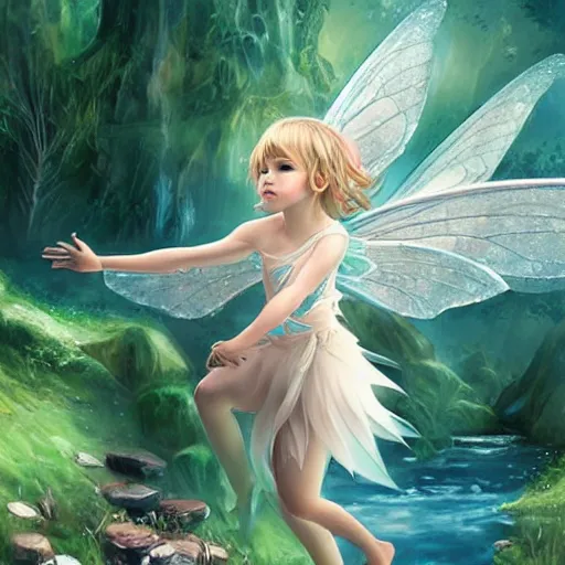 Image similar to child fairy fliying iver a river, forest by ross tran, highly detailed face