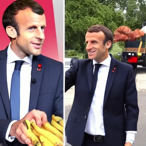 Prompt: footage of Emmanuel macron robbing a McDonald with a banana