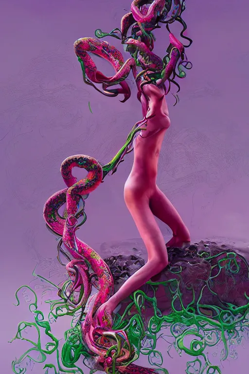 Prompt: epic 3 d oxumare, liquid hands and feet spinning, 2 0 mm, with green and pink vines melting smoothly into asymmetrical snakes and rainbows, liquid, delicate, intricate, houdini sidefx, trending on artstation, by jeremy mann and ilya kuvshinov, jamie hewlett and ayami kojima