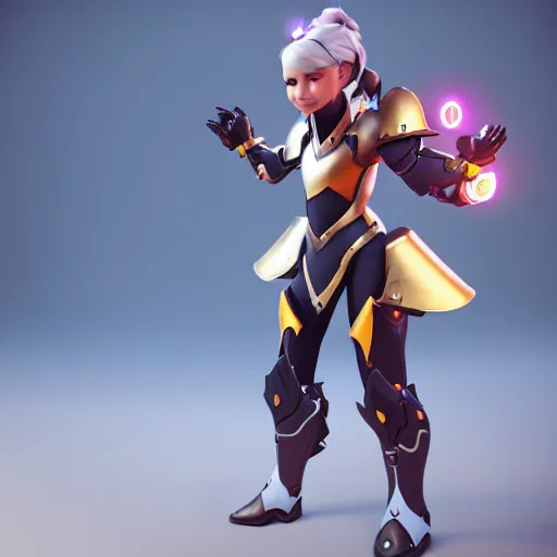 Prompt: a young girl with the appearance and armor of merci from overwatch, design, octane render, 4 k, ingame shot