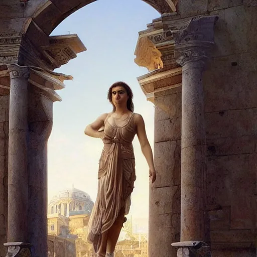 Image similar to tiny full-body young ancient greek woman in helmet, giant gray-haired bearded ancient greek man in background, by David Ligare, incredible details, epic stunning, highly detailed, trending on ArtStation, artgerm and greg rutkowski and alphonse mucha, IAMAG, broken giant marble ruins, golden hour