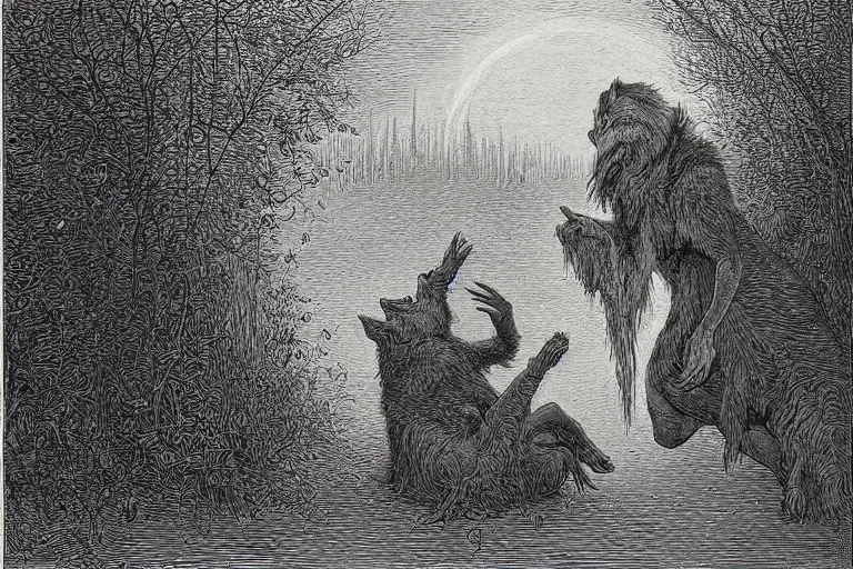 Image similar to werewolf in the garden hunting young french woman, Gustave Dore lithography