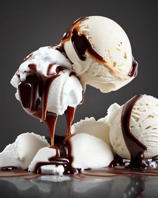 Image similar to ice cream sunday, delicious, glistening, chocolate sauce, marshmallows, highly detailed, award winning photography octane render