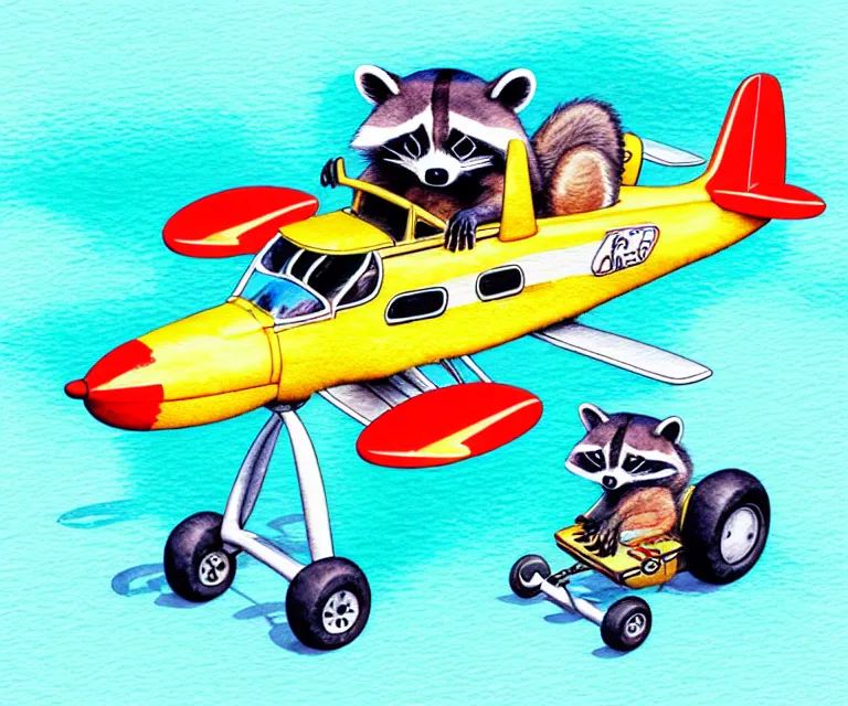 Image similar to cute and funny, racoon riding in a tiny airplane with oversized engines, ratfink style by ed roth, centered award winning watercolor pen illustration, isometric illustration by chihiro iwasaki, edited by range murata, tiny details by artgerm and watercolor girl, symmetrically isometrically centered