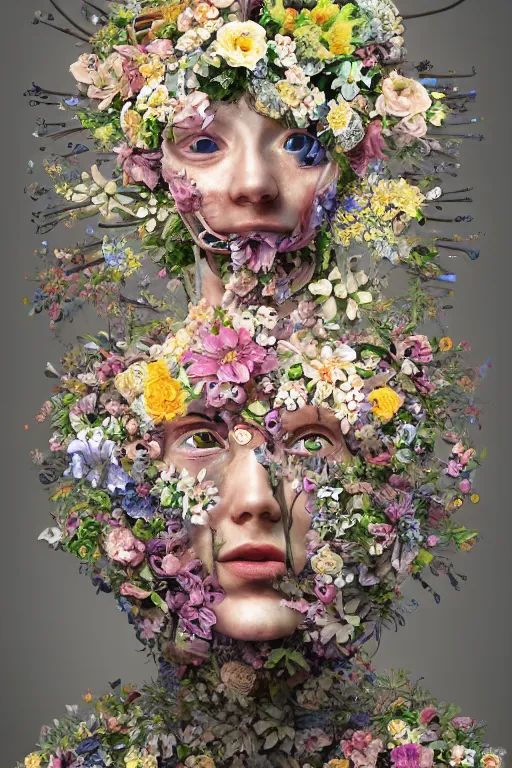 Prompt: a close up of a robot with flowers in it, character portrait by maria johanna gortz and frieke janssens, cgsociety, generative art, made of flowers, reimagined by industrial light and magic, sci - fi