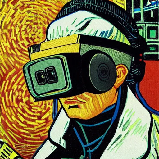 Image similar to Illustrated by Shepard Fairey and H.R. Geiger | Cyberpunk VAn Gogh with VR helmet, surrounded by cables