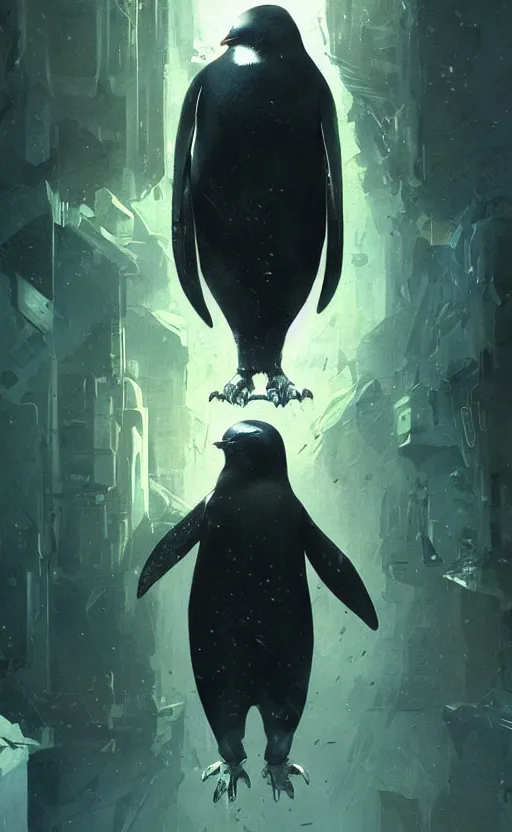 Image similar to award winner movie poster, dark cybernetic - penguin, cinematic light, trending on artstation, concept art by greg rutkowski