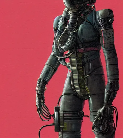 Image similar to realistic cyberpunk japanese engineer with long limbs and a black spacesuit carrying welder, techwear, dead space, visible face, Industrial Scifi, detailed illustration, character portrait, by Martin Grip and Moebius