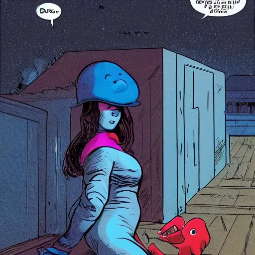 Prompt: blue baby baby seal on top of a roof, dark lighting, wide shot, comix by dave gibbons and john higgins