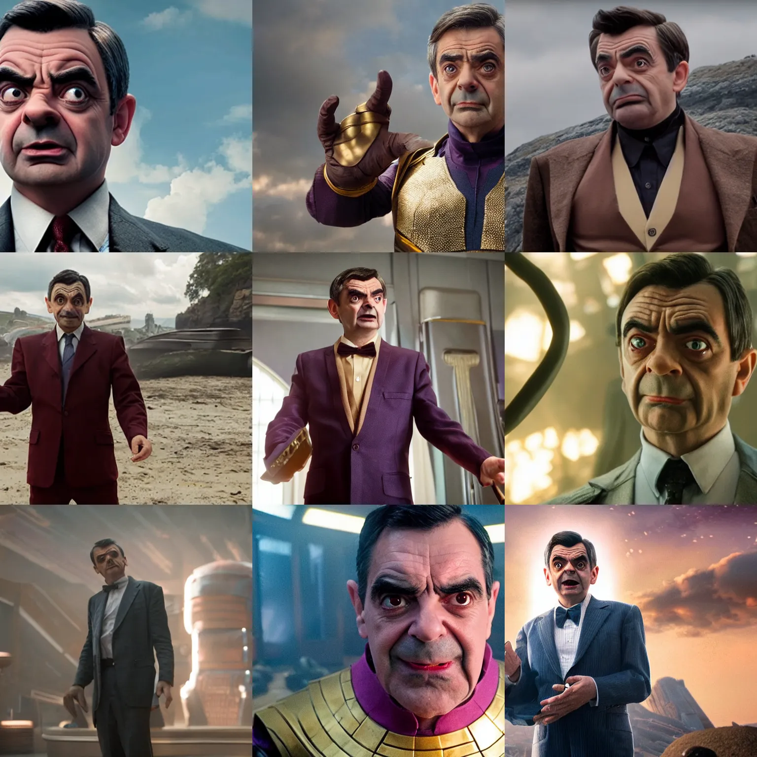 Prompt: film still of Mr Bean as Thanos in Avengers Endgame