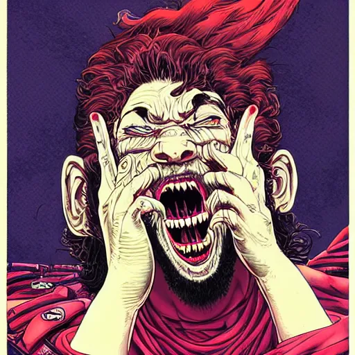 Image similar to portrait of crazy screaming post malone with red eyes like hal 9 0 0 0, as vampire, symmetrical, by yoichi hatakenaka, masamune shirow, josan gonzales and dan mumford, ayami kojima, takato yamamoto, barclay shaw, karol bak, yukito kishiro