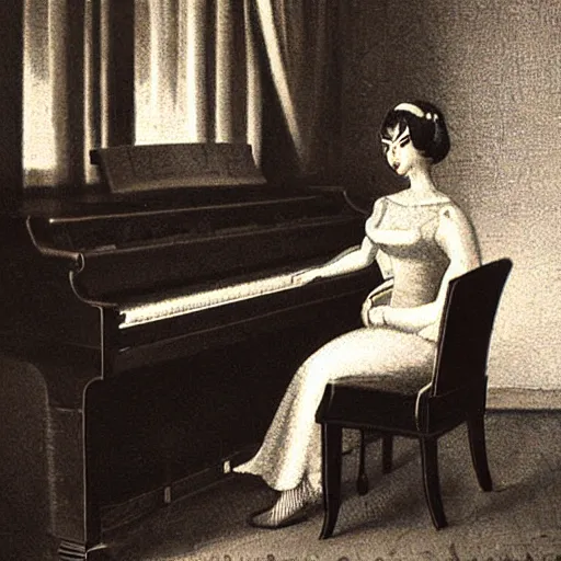 Prompt: vintage ship woman sitting in an piano, retro cartoon