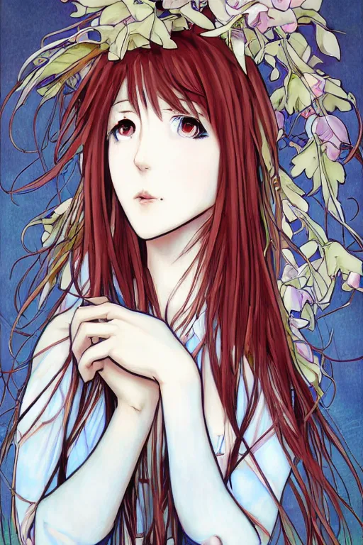 Prompt: Tonemapping Kurisu Makise in the style of Ayami Kojima and Alphonse Mucha