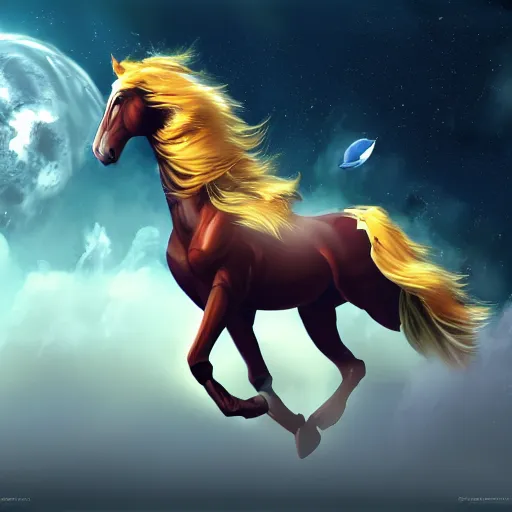 Image similar to fantasy sci fi horse flying in space concept art