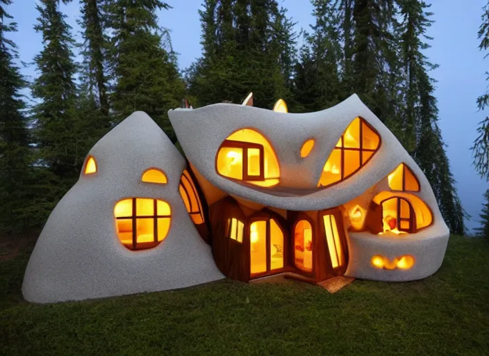 Image similar to fantasy house, house shaped like a bear sleeping