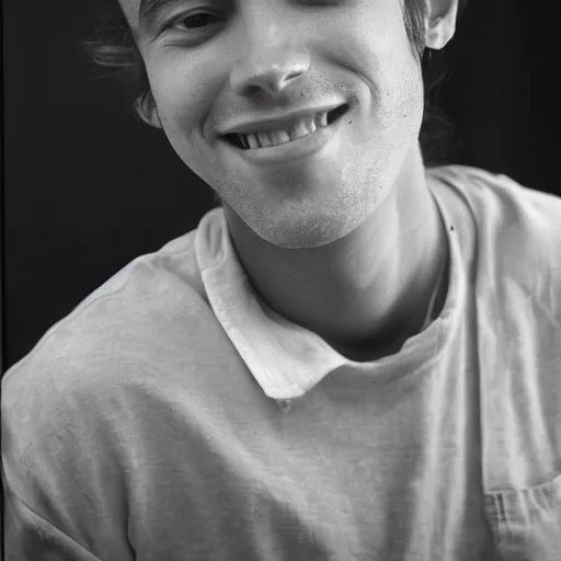 Prompt: a beautiful portrait of a happy handsome guy, new york city apartment, florescent lighting, kodak tri-x pan film, black and white, 35mm film, award winning photo, by larry clark 1994 from the international center of photography