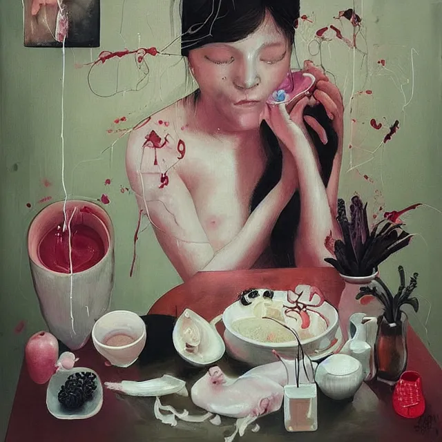 Prompt: “ a portrait in a female art student ’ s apartment, sensual, a pig theme, art supplies, surgical iv bag, octopus, ikebana, herbs, a candle dripping white wax, japanese pottery, squashed berries, berry juice drips, acrylic and spray paint and oilstick on canvas, surrealism, neoexpressionism ”