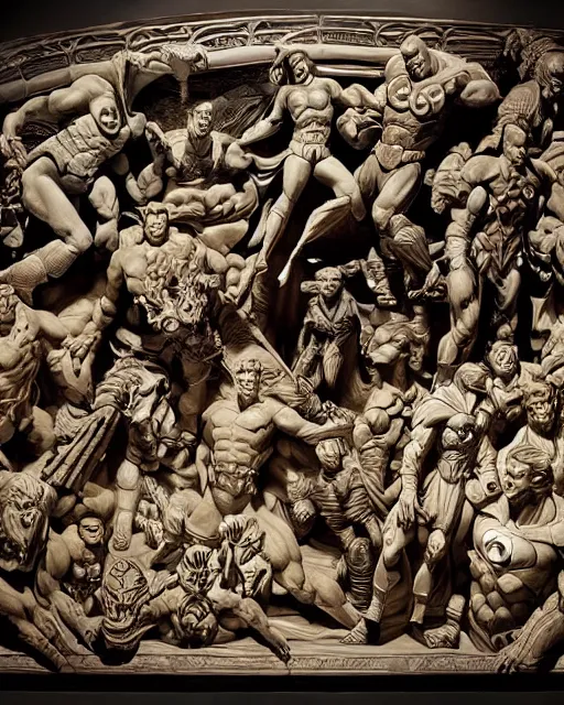 Prompt: a giant marble relief sculpture in the style The Ludovisi Battle sarcophagus depicting the Justice league battling the Legion of doom, detailed, intricate Marble sculptures of Green Lantern, the Flash, Superman, Batman, Wonder Woman, Aquaman and Martian Manhunter battling Lex Luther, Gorilla Grodd, The Scarecrow, Braniac, Solomon Grundy, Cheetah and Sinestro, all carved out of one giant Block of Marble