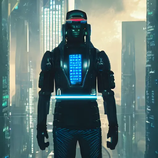 Image similar to Cyberpunk futuristic hero, 4K symmetrical portrait, character concept art, hyper quality, future Doctrine, secret organization, 4k post-processing, moody lighting rendered by octane engine