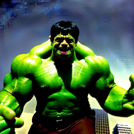 Prompt: mr. bean as hulk in the avengers movie. movie still. cinematic lighting.