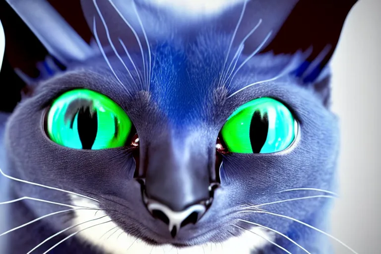 Image similar to a blue - and - black male catbat fursona with blue / green heterochromatic eyes ( one blue, one green ) and huge bat ears, photo of the catbat streaming on his computer