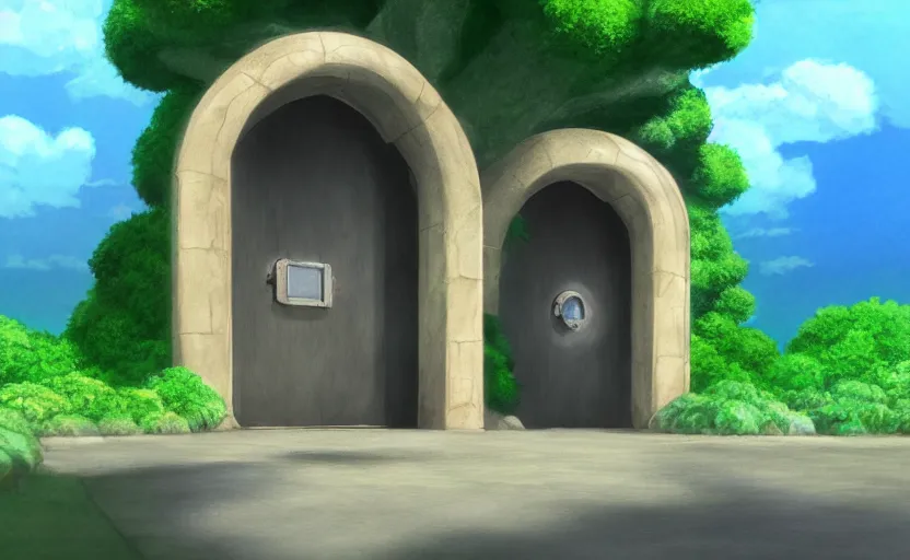 Image similar to a cell - shaded studio ghibli concept art study of a square dimensional portal doorway. water is flowing out of the portal. very dull colors, hd, 4 k, hq