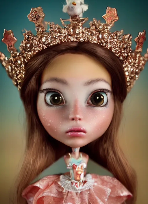 Image similar to closeup profile portrait of tin toy fairytale princess wearing a crown, bikini, depth of field, zeiss lens, detailed, symmetrical, centered, fashion photoshoot, by nicoletta ceccoli, mark ryden, lostfish, breathtaking, 8 k resolution, extremely detailed, beautiful, establishing shot, artistic, hyperrealistic, octane render