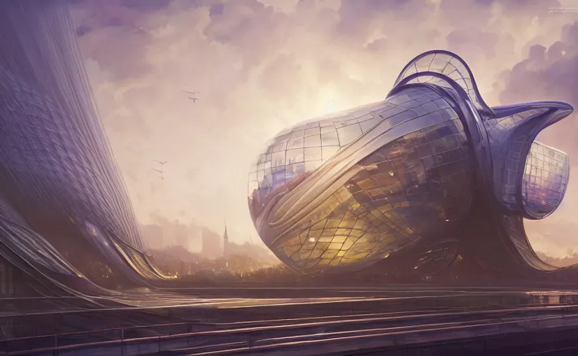 Image similar to exterior shot of utopian architecture transparent building with cinematic lighting by zaha hadid and renzo piano, darek zabrocki and greg ruthkowski, alphonse mucha, simon stalenhag, cinematic, stars, beautiful, holy place, paradise, scifi, futurism, atmospheric, concept art, artstation, trending on artstation