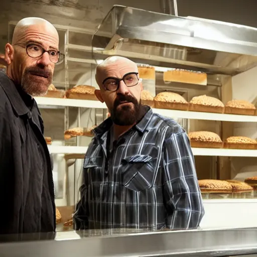 Prompt: walter and jesse from breaking bad open a bakery called baking bad