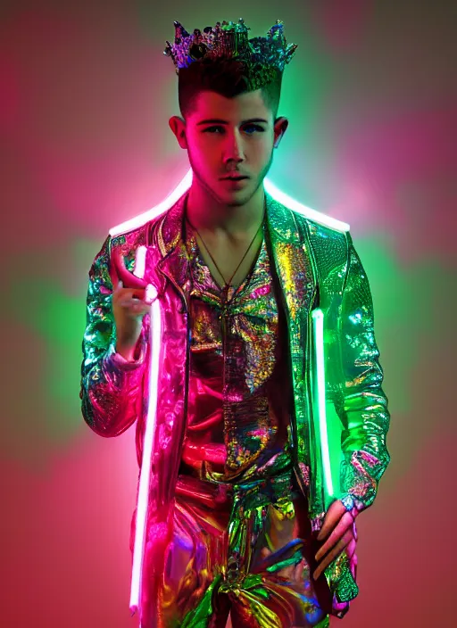 Image similar to photo of baroque and bladerunner delicate neon emerald sculpture of seductive prince nick jonas pink iridescent humanoid deity wearing metallic jungle leaves, crystal tigers, glowing rainbow lights, crown made of hands, cinematic lighting, photorealistic, octane render 8 k depth of field 3 d