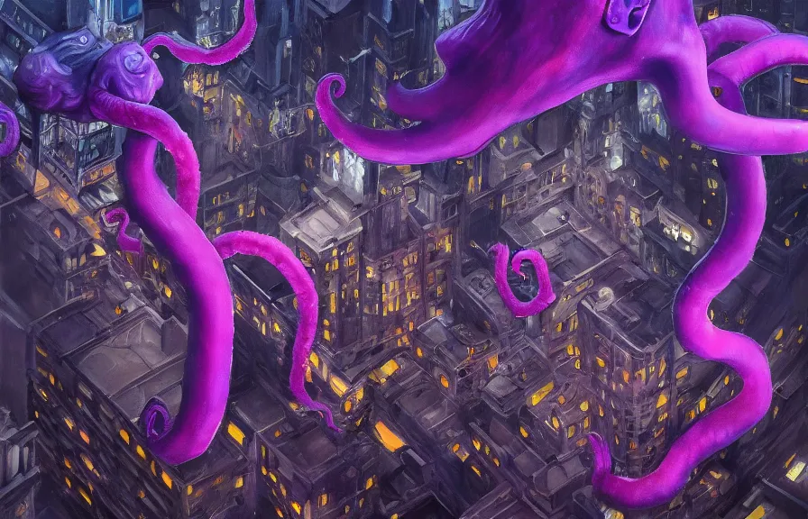 Image similar to aerial!!!! view looking down on a giant purple octopus monster moving through!!! buildings in a dark, dim, detailed city, extremely detailed!!! oil painting, dull palette, dramatic lighting, trending on artstation