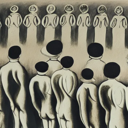 Image similar to A beautiful painting of a group of people standing in a line. They are all facing the same direction and appear to be waiting for something. bright, stuckism by Ruth Bernhard, by Edward Lear, by William Gropper 8k