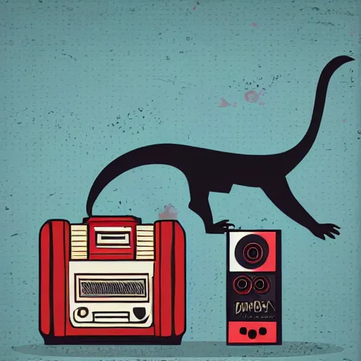 Image similar to memphis design, retro, 90s, detailed illustration, dinosaur samurai with a boombox