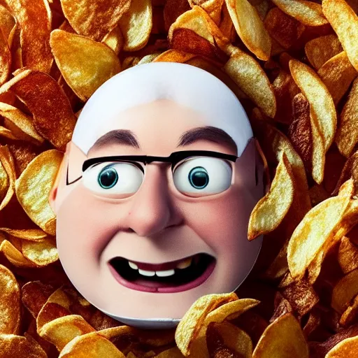 Image similar to photo of [ a single salted fried potato chip ] that looks like stephen fry as a pixar character hybrid intercross mix cinematic lighting