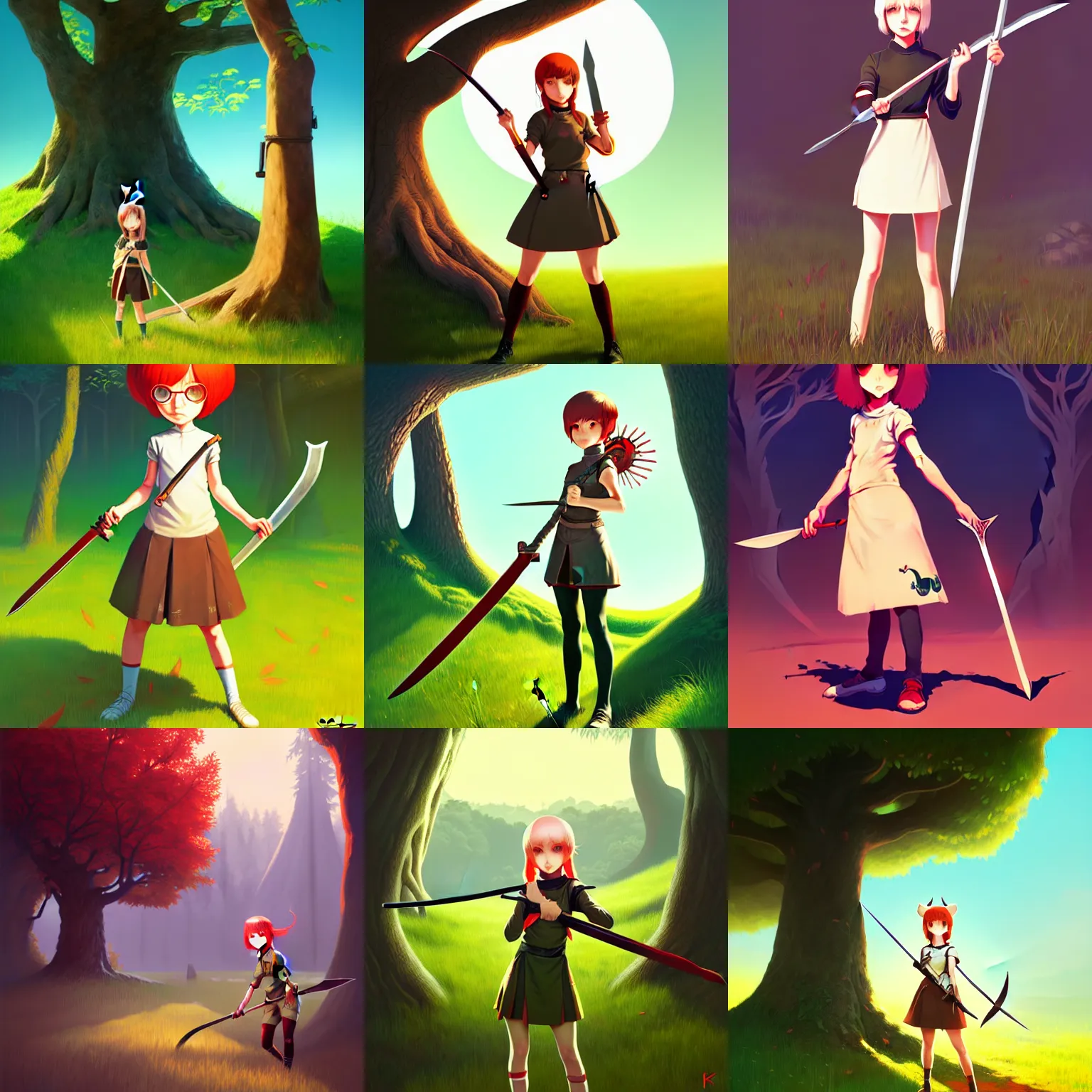 Prompt: mouse girl with sword and shield, female, tall root tree background, concept art, by ilya kuvshinov, greg rutkovski