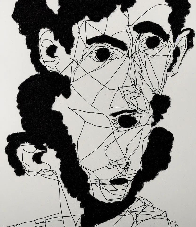 Image similar to detailed line art portrait of franz kafka, inspired by egon schiele. caricatural, minimalist, bold contour lines, musicality, soft twirls curls and curves, confident personality, raw emotion