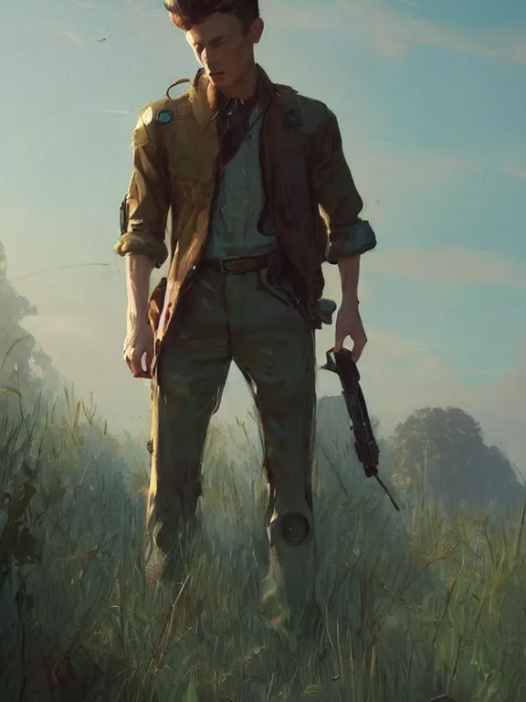 Prompt: portrait of a young man from fallout 4 wearing a summer outfit, short brown hair, art by ryo shiotani and greg rutkowski, intricate, beautiful, cute, cinematic lighting, vintage art by serge ivanoff