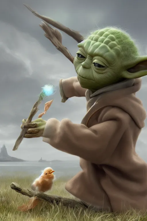 Image similar to Yoda smacking a seagull with a stick, hyperdetailed, artstation, cgsociety, 8k