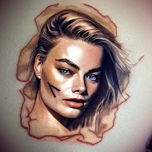 Image similar to face morph tattoo design sketch of margot robbie blended with beautiful mountain scenery, in the style of matteo pasqualin, amazing detail