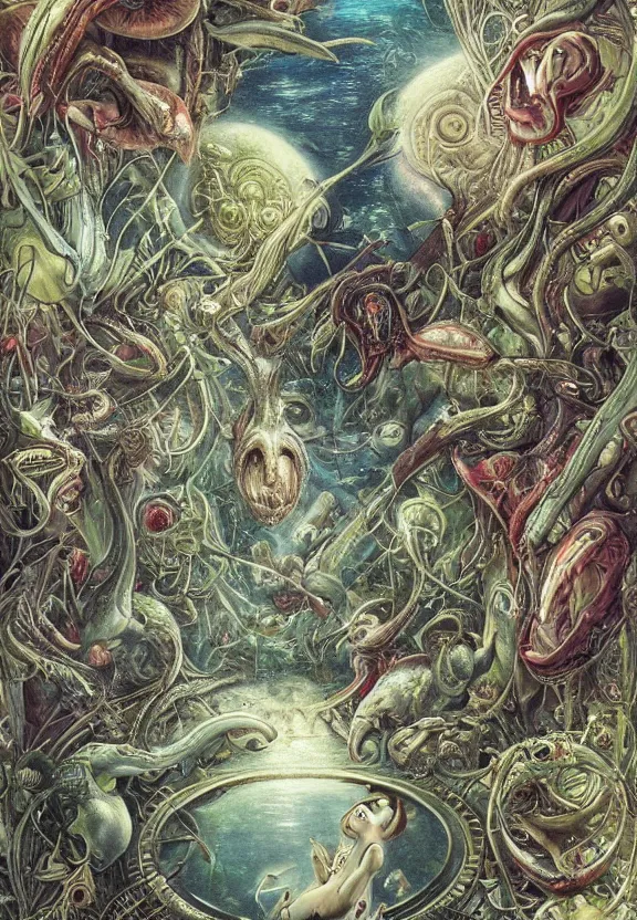 Prompt: elegant, muscular sharks, human babies, botany, orchids, radiating, colorful mandala, psychedelic, overgrown garden environment, by h. r. giger and esao andrews and maria sibylla merian eugene delacroix, gustave dore, thomas moran, pop art, biomechanical xenomorph, art nouveau, somber, horror