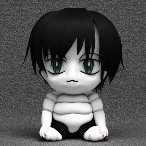 Prompt: cute fumo plush of a boy who appears in the mirror when you utter his name three times at midnight, menacing amorphous dark creature, black and white, horror, caustics, vray