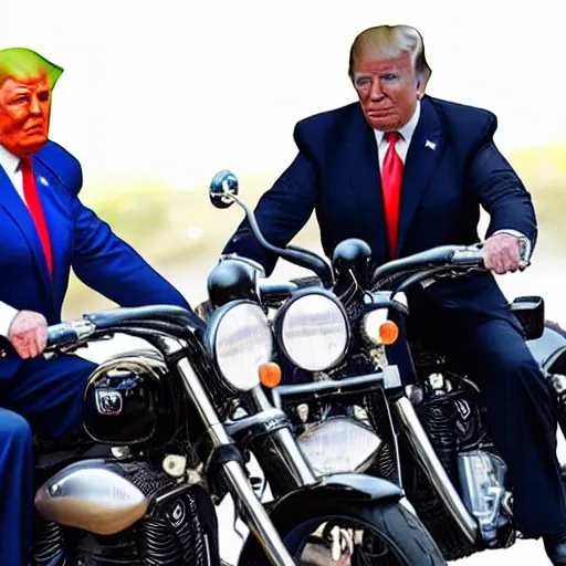 Image similar to joe biden and donald trump riding two seater on a motorcycle bike together, photorealistic, detailed