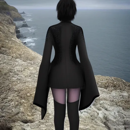 Prompt: 1 7 - year - old pale - skinned persian girl with black long bob cut, black gothic jacket, purple eyes, psychic girl, standing on cliff along the irish coast, overcast gray skies, ultra - realistic, sharp details, subsurface scattering, intricate details, cold lighting, highly detailed, photorealistic, octane render, 8 k unreal engine, art by artgerm