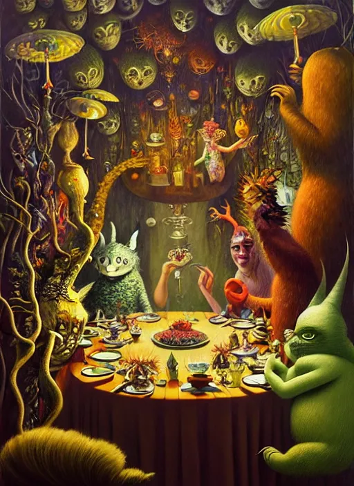 Image similar to hyper detailed 3d render, Oil painting, a decadent fairy dinner party - where the wild things are by Jacek Yerka, Mariusz Lewandowski, Houdini algorithmic generative render, Abstract brush strokes, Masterpiece, Edward Hopper and James Gilleard, Zdzislaw Beksinski, Mark Ryden, Wolfgang Lettl, hints of Yayoi Kasuma, octane render, 8k