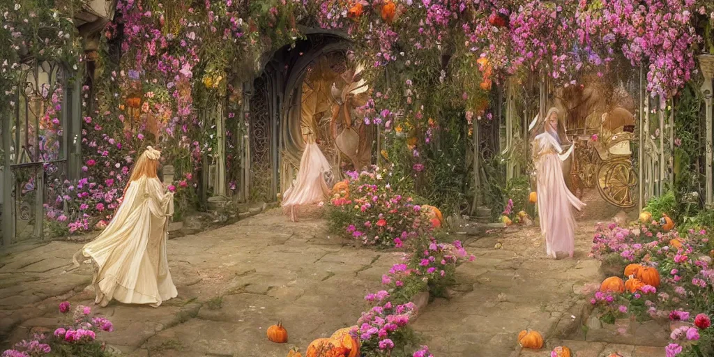Image similar to fairytale princess entering the gates of her majestic palace of flowers , with horse driven , carriage made of pumpkins , epic scene unreal render depth focus hyperrealistic detail Star Wars mucha fantasy art behance